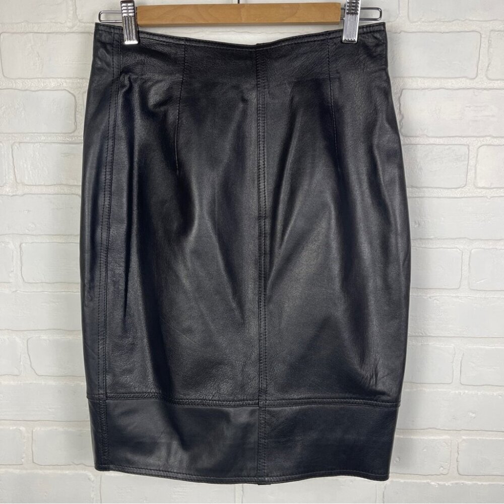 ❌SOLD❌ Black 100% Leather Wrap pencil skirt gold buttons office Made in Italy - Picture 2 of 8